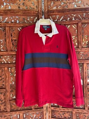 Ralph Lauren Red Rugby Shirt with Navy and Brown Stripes